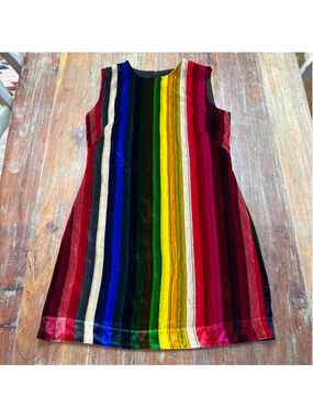 MILLY Vertical Rainbow Stripe Velvet Tunic Shift Dress 2 Retro 70s Festive